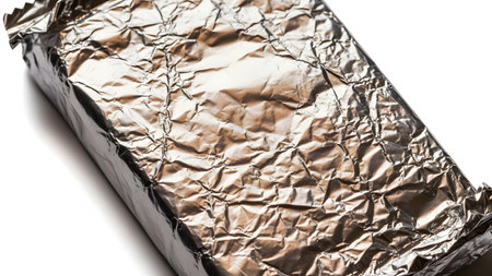 A close-up of a crumpled silver aluminum foil wrapper, reflecting light against a white background.