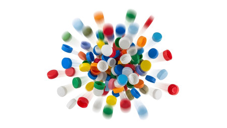 Explosion showing explosion of colorful plastic bottle caps in motion on white background.