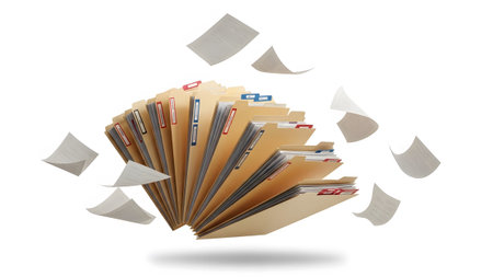 (6161) showing fan of manila folders with tabs and flying papers on a white background.