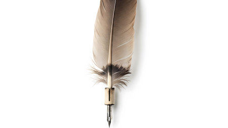 Quill showing feather quill pen with a metal nib and a textured shaft on a white background....