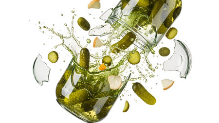 Exploding showing exploding jar of pickles with splashing brine and broken glass fragments.