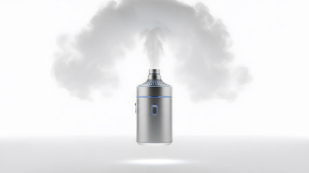 Electronic showing modern silver electronic vaporizer device emitting a cloud of white smoke on...