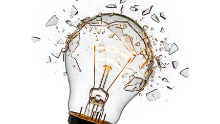 Exploding showing exploding incandescent light bulb with glowing filament and glass shards.