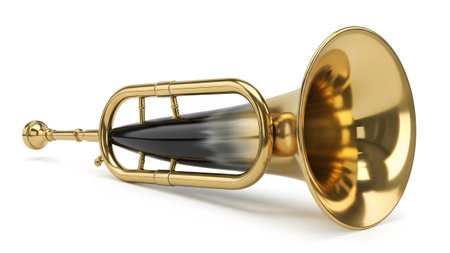 Black showing golden hunting horn with black accent and brass fittings on white background.