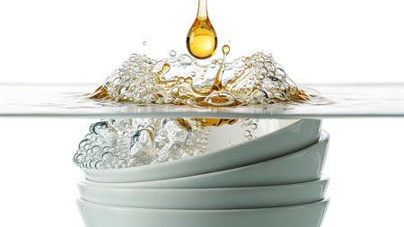 Above showing golden liquid drop splashing into water above stacked white bowls with bubbles....