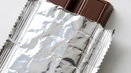 A dark chocolate bar partially revealed from its shiny silver foil wrapper, set against a clean...