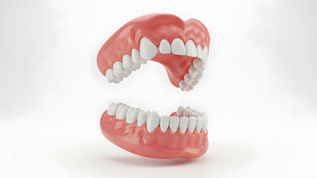 Suspended showing realistic pink dentures with white teeth suspended in air against a bright...