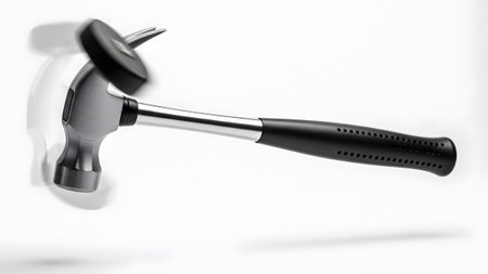 (6768) showing silver claw hammer with black handle in motion against a white background.