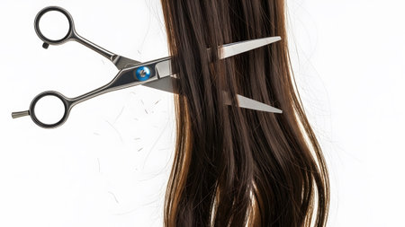 Silver scissors are positioned to cut a section of long, dark brown hair, with small clippings...