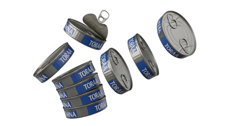 A stack of silver canned food containers with blue labels is arranged with one open can floating...