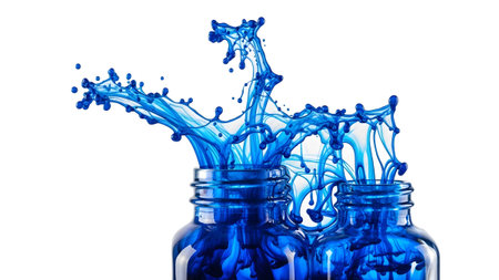 From showing vibrant blue liquid splashing dynamically from two glass bottles on a white...