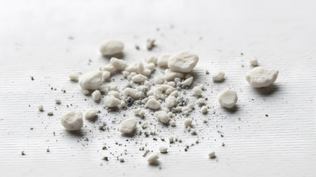 Small showing small white pebbles and dark grit scattered on a white textured surface.