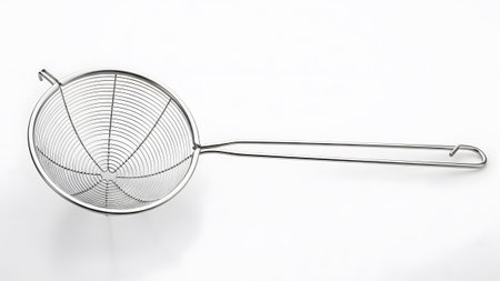 Cooking showing stainless steel spider strainer with a long handle for cooking and draining...