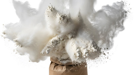 Exploding showing white powder exploding from brown paper bag on white background.