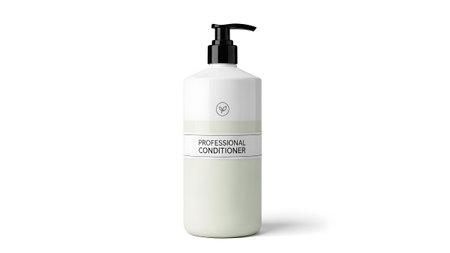 Pump showing white pump bottle with green label for conditioner on white background.