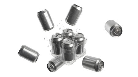 Silver aluminum soda cans with water droplets are flying out of a clear plastic six pack holder...