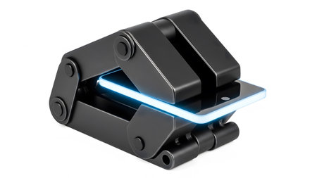 A black mechanical clamp firmly grips a smartphone emitting a bright blue light on a white...