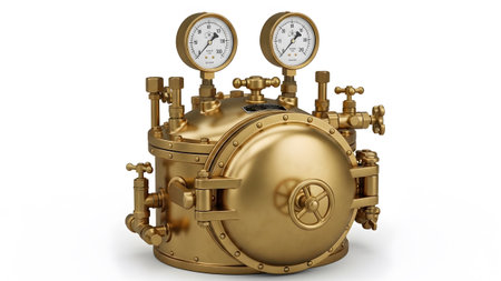 White showing antique brass pressure cooker with two gauges and valves on white background.