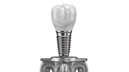 White showing dental implant with marble crown on ornate pedestal isolated on white background....
