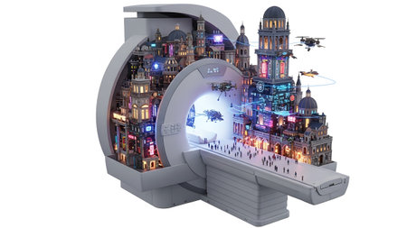 showing futuristic city scene inside a medical mri machine with drones flying around and...