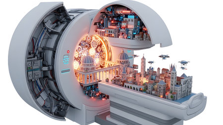 Miniature showing cross-section of a futuristic medical scanner revealing a miniature cityscape....