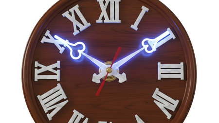 Hands showing close-up of a wooden clock face with roman numerals and glowing blue clock hands....