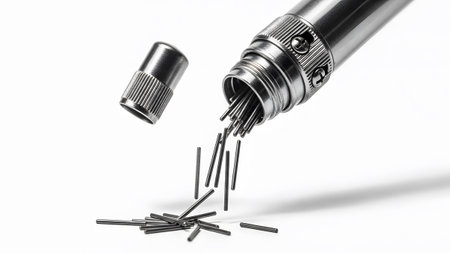 Tiny metal pins are spilling out of an open cylindrical container onto a white surface....