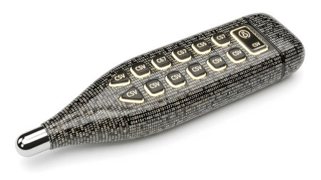 White showing digital thermometer covered in binary code with illuminated buttons on white....