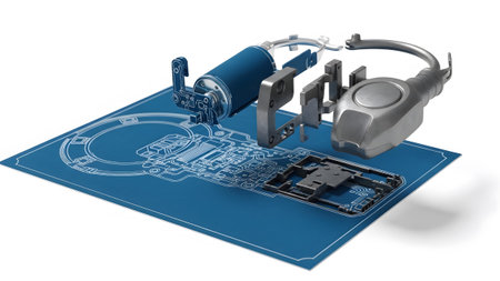 View showing exploded view of a complex mechanical device components resting on a blue blueprint...
