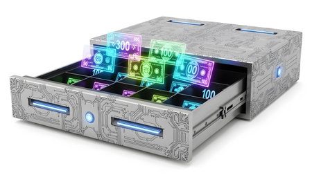Digital showing futuristic digital cash drawer with holographic currency and circuitry.