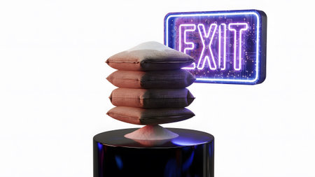 Pillows showing exit neon sign above stack of pillows with powdered substance. resolution...