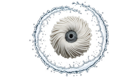 Water showing white mop head with creamy fibers surrounded by a circular splash of clear water...