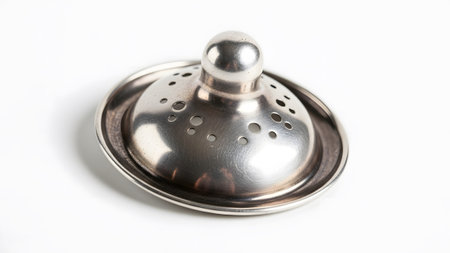 A silver teapot lid with a central knob and scattered small holes is angled on a white...