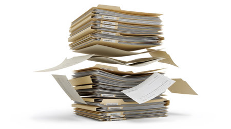 Two stacks of manila folders and loose papers are scattered and falling in mid-air against a...