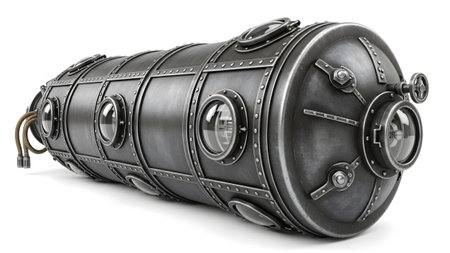 Background showing steampunk metal cylinder with multiple round glass portholes and rivets on...