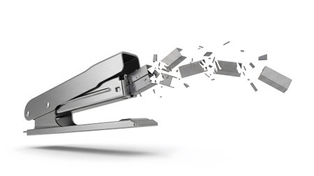 Silver showing silver metal stapler releasing a cloud of staples on white background.