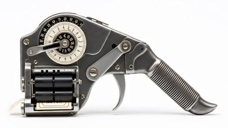 (7912) showing vintage price label gun with metal body and dial for currency and numbers on...
