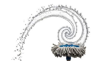 A dynamic water splash forms a swirling spiral above a mop head, with droplets scattered against...