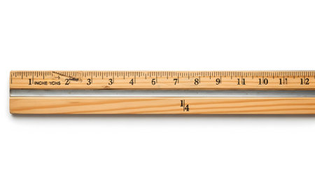 A wooden ruler with a metal edge inch and fractional markings clearly on a white surface.