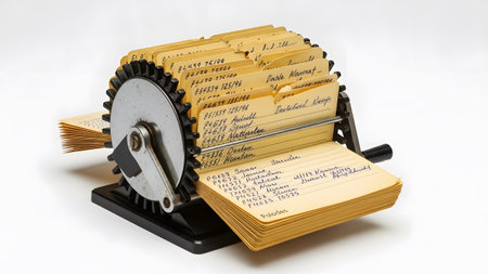 A vintage rolodex card file with yellowed handwritten index cards and a metal crank sits on a...