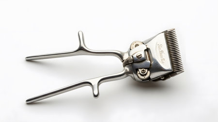 A vintage silver manual hair clipper with visible gears and levers lies on a clean white surface.