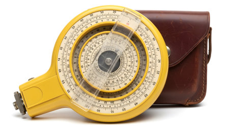 A yellow circular slide rule calculator with multiple rotating discs sits next to a brown...