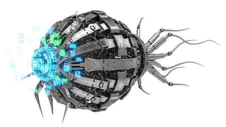 A metallic spherical drone with intricate mechanical details and a glowing blue digital core...