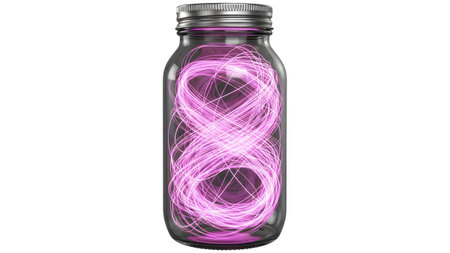 White glass jar containing glowing pink tangled energy strands with a metallic lid on a...