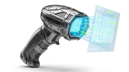 Bright showing futuristic silver barcode scanner emitting a bright blue laser beam onto a...