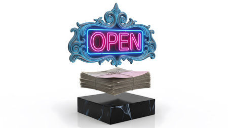 A vibrant neon open sign glows with pink and blue light above a neat stack of papers on a dark...