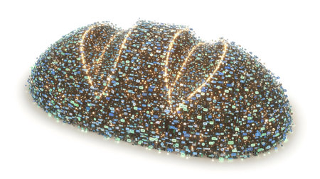 Bread showing loaf of bread composed of glowing digital data particles and light streaks.