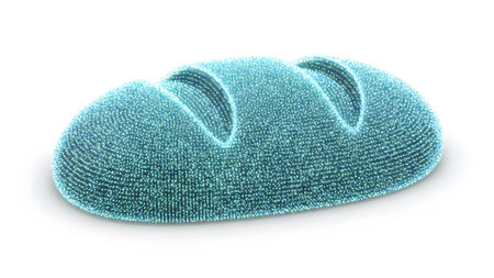 Nutrition showing loaf of bread shape made of many small glowing cyan particles on white...