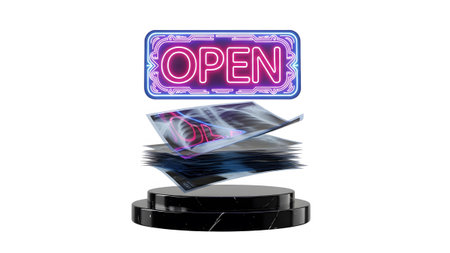 A bright neon open sign hovers above a stack of medical x-ray scans on a black marble pedestal.