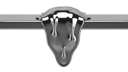 White showing molten silver liquid dripping over a chrome bar on a white background.の写真素材